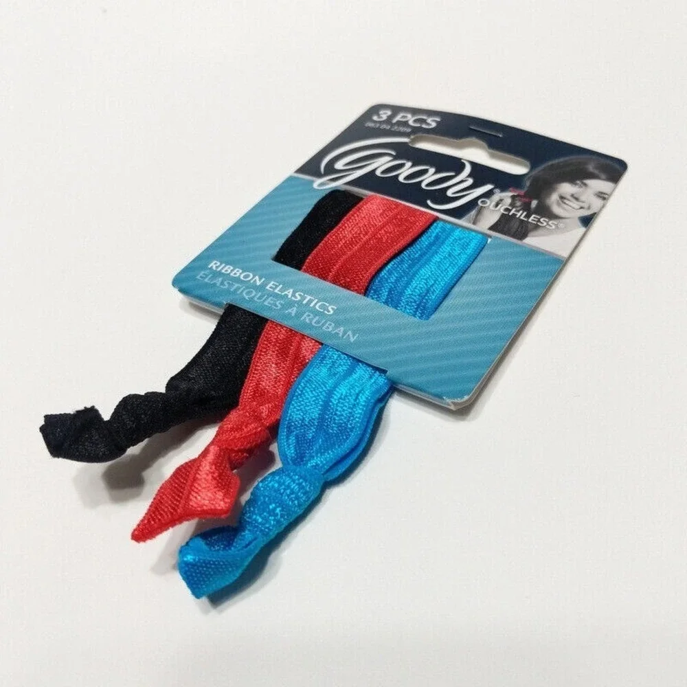 Goody Ouchless Ponytailers Ribbon Elastic Hair Tie 3 PCS Black Blue Red Solid